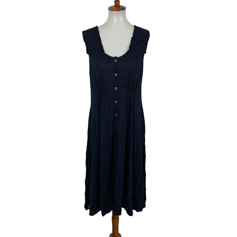 Alison Sheri Women's Dress Medium Navy Sleeveless Crinkle Midi Chic